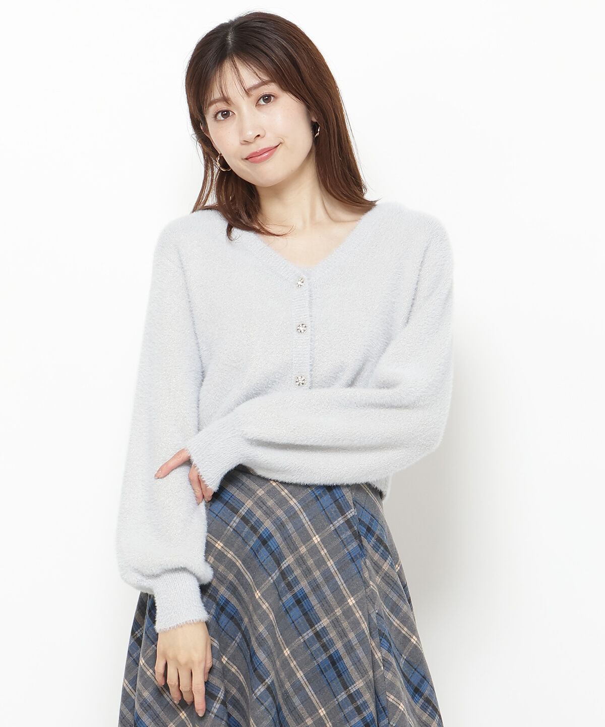 アンドクチュール「ラメフェザーVネックアンサンブル」|カーディガン|