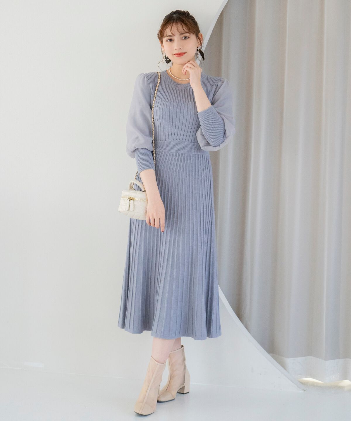 WILLSELECTION「袖オーガンジーニットワンピース」|ワンピース|サックス