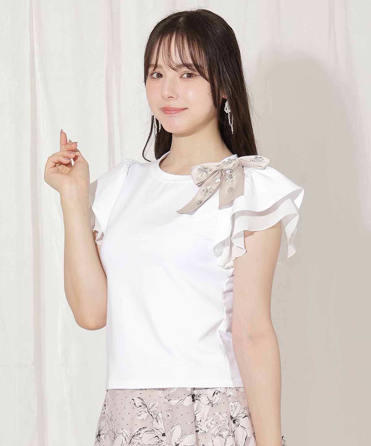 WILLSELECTION「ビジューリボン付き袖フリルプルオーバー」|Tシャツ・カットソー|