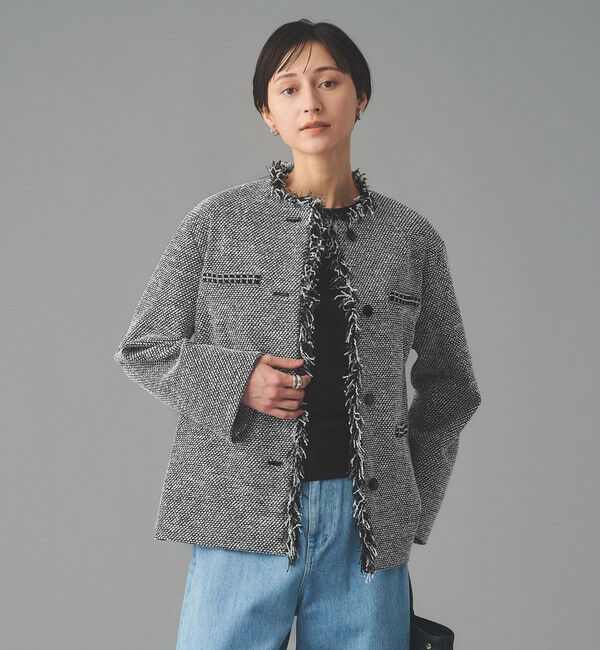 UNITED ARROWS「2トーン ツイードライク ノーカラー ジャケット」|ノーカラージャケット|BLACK