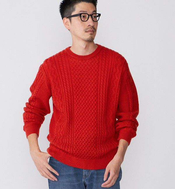 SHIPS「SHIPS:〈手洗い可能〉ランダム アラン クルーネック プルオーバー ニット」|ニット・セーター|レッド