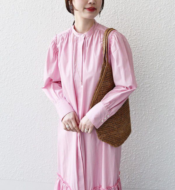 SHIPS for women「【WEB限定】〈手洗い可能〉ストライプ ギャザー フリル ワンピース」|ワンピース|ピンク系