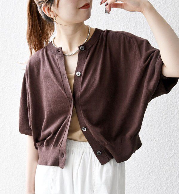 SHIPS any「SHIPS any:〈手洗い可能〉リネン ミックス ワイド パフ クルーネック シアー カーディガン」|カーディガン|ブラウン