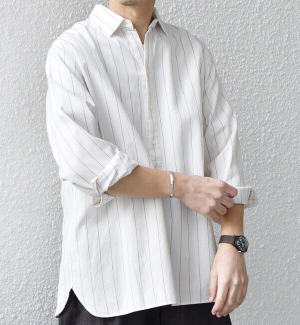 SHIPS any「SHIPS any:〈洗濯機可能〉コットン/リネン 7分袖  ストライプ スキッパー プルオーバー シャツ◇」|シャツ・ブラウス|ホワイト