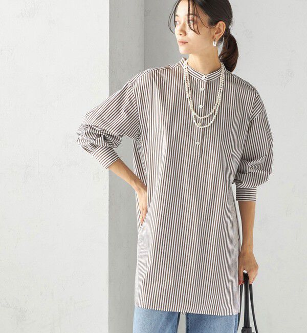 SHIPS for women「〈手洗い可能〉ストライプ バックタック チュニック シャツ」|チュニック|ブラウン系