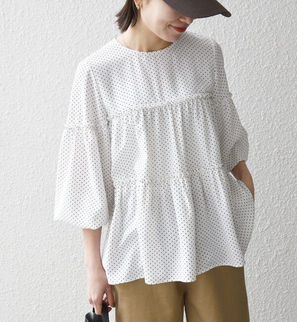 SHIPS any「SHIPS any:〈洗濯機可能〉ドット ノーカラー ティアード フレア ブラウス」|シャツ・ブラウス|