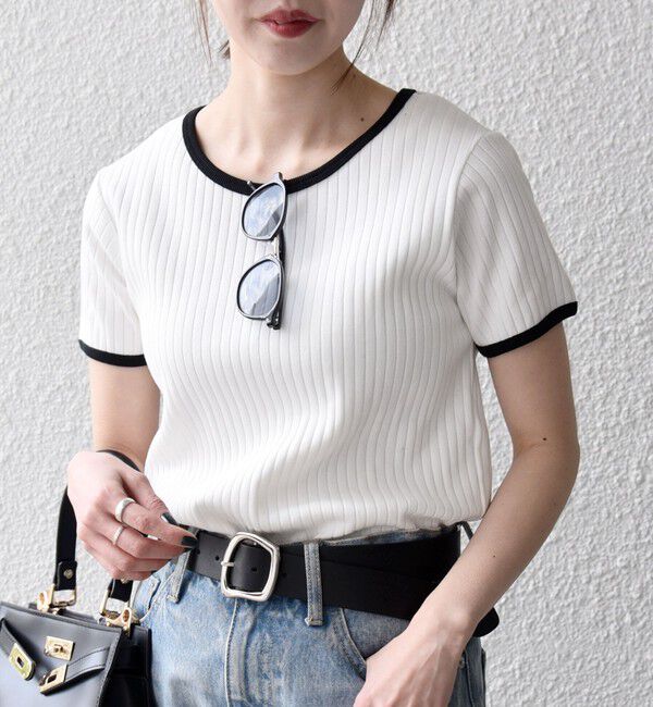 SHIPS any「《予約》SHIPS any:〈洗濯機可能〉テレコ リブ バイカラー ショートスリーブ TEE」|Tシャツ・カットソー|