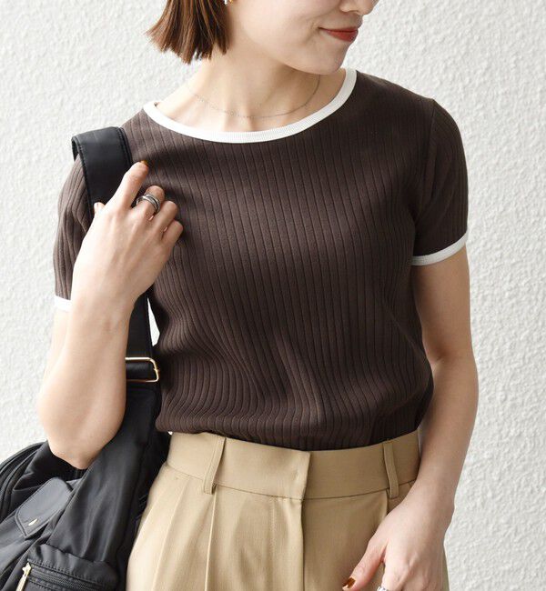 SHIPS any「《予約》SHIPS any:〈洗濯機可能〉テレコ リブ バイカラー ショートスリーブ TEE」|Tシャツ・カットソー|ブラウン