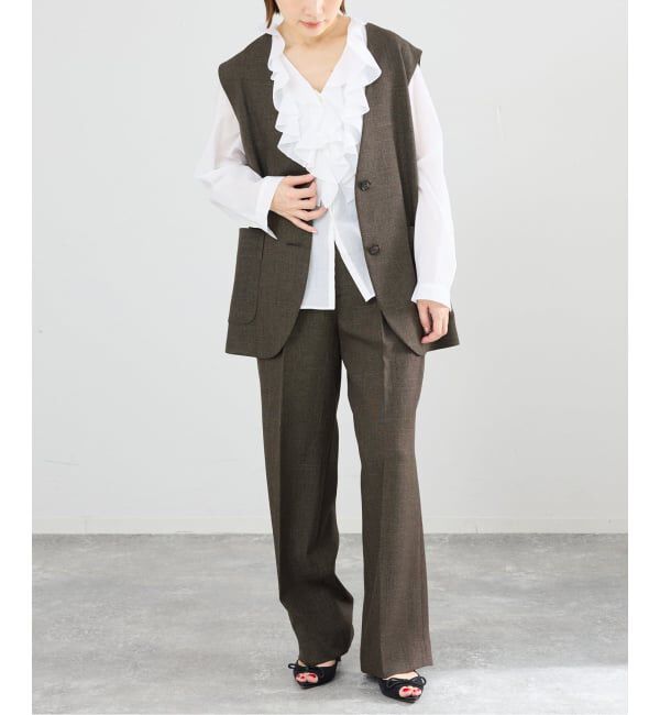 IENA「《セットアップ対応/予約》ウォッシャブル シャークツイードセミワイドパンツ」|スラックス|