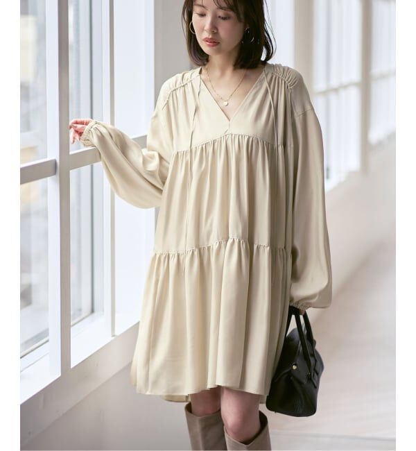 NOBLE「ヴィンテージツイルギャザーミニワンピース」|ワンピース|ベージュ