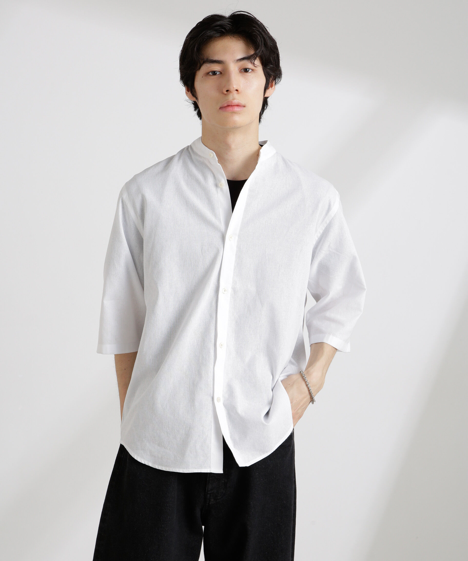 nano･universe「クールマックスリネンバンドカラー7分袖」|シャツ・ブラウス|