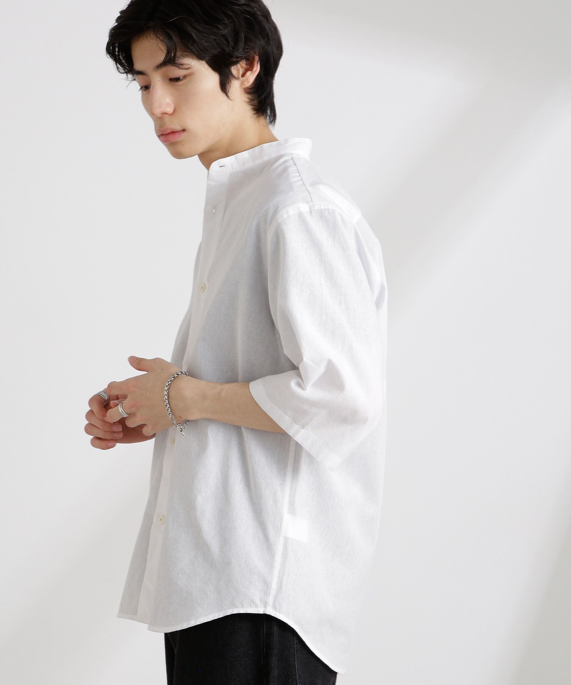 nano･universe「クールマックスリネンバンドカラー7分袖」|シャツ・ブラウス|