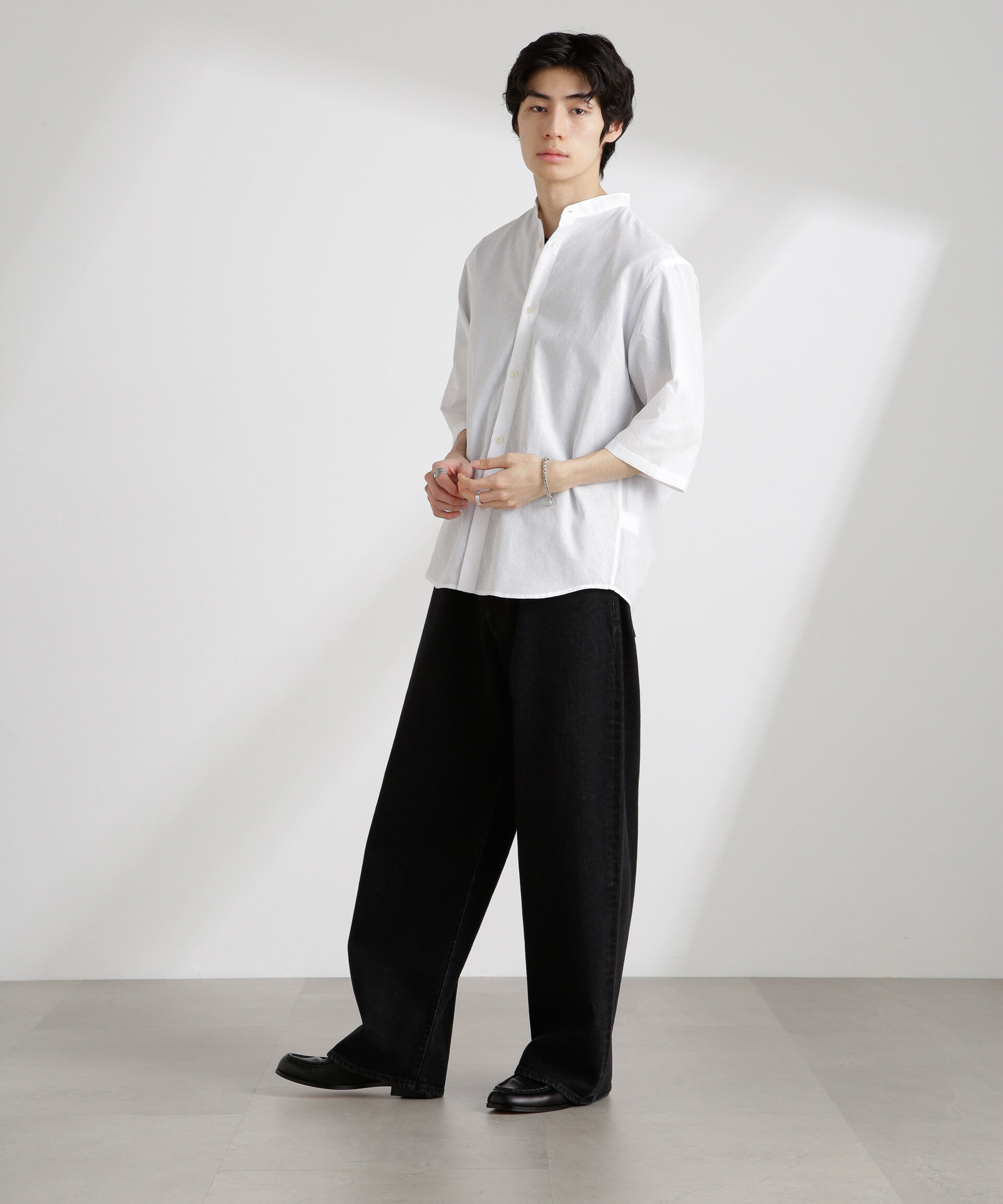 nano･universe「クールマックスリネンバンドカラー7分袖」|シャツ・ブラウス|