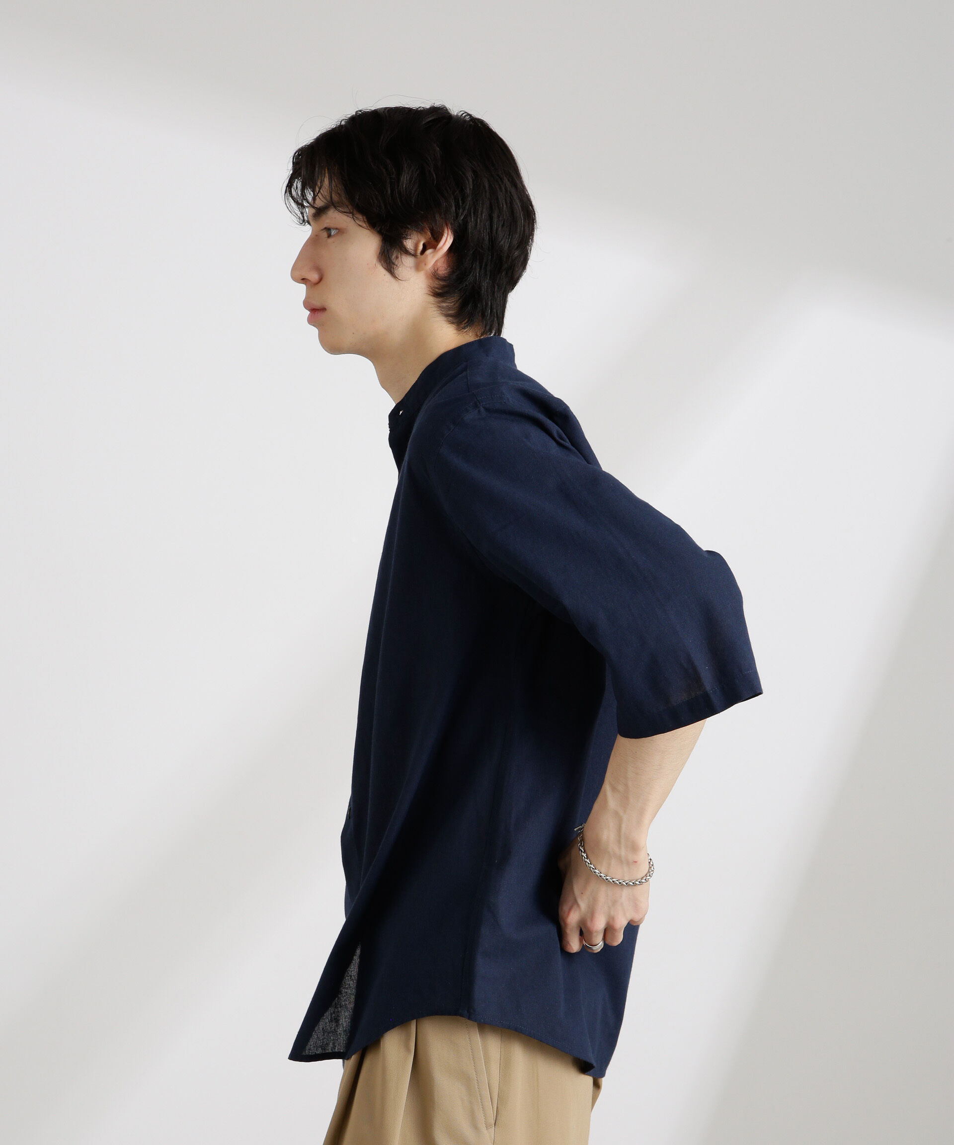 nano･universe「クールマックスリネンバンドカラー7分袖」|シャツ・ブラウス|