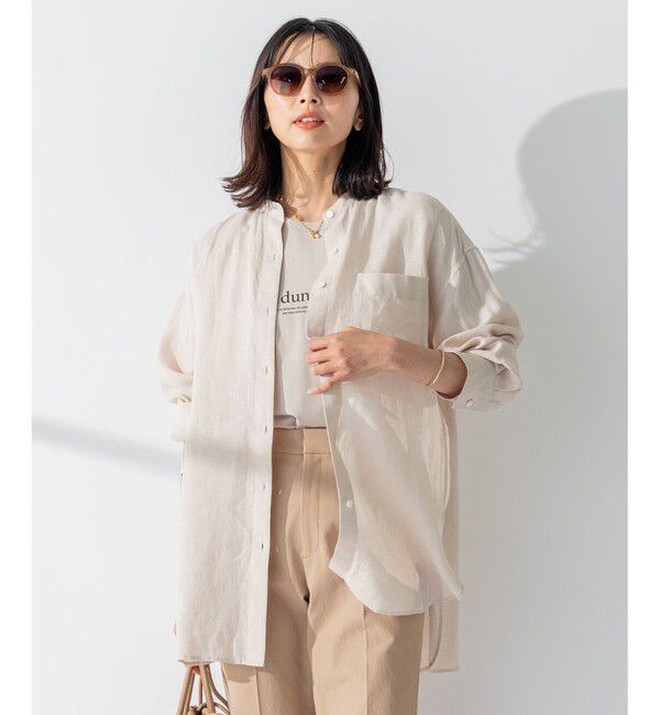 23区「【WEB限定カラーあり/洗える】LIBECO バンドカラー ビッグシルエット シャツ」|シャツ・ブラウス|ベージュ系
