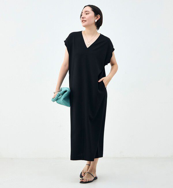 Rie Miller「ウォッシャブル袖口リブマキシ丈ワンピースジョーゼットダンボール」|ワンピース|ブラック