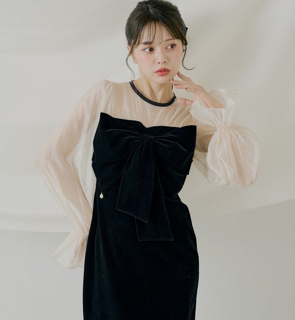  「【SALON by Chico】配色シアーリボンベロアワンピース/オケージョン」|ドレス|