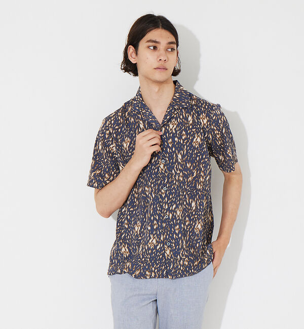 ABAHOUSE「【アニマル柄】オープンカラー 半袖シャツ」|シャツ・ブラウス|ネイビー