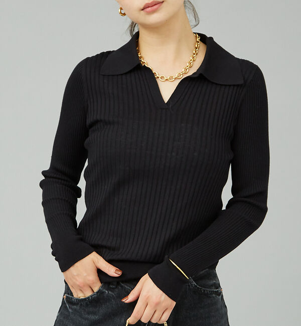 Rouge vif「シルク混ワイドリブポロニット」|ニット・セーター|ブラック