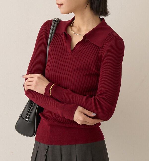 Rouge vif「シルク混ワイドリブポロニット」|ニット・セーター|ボルドー