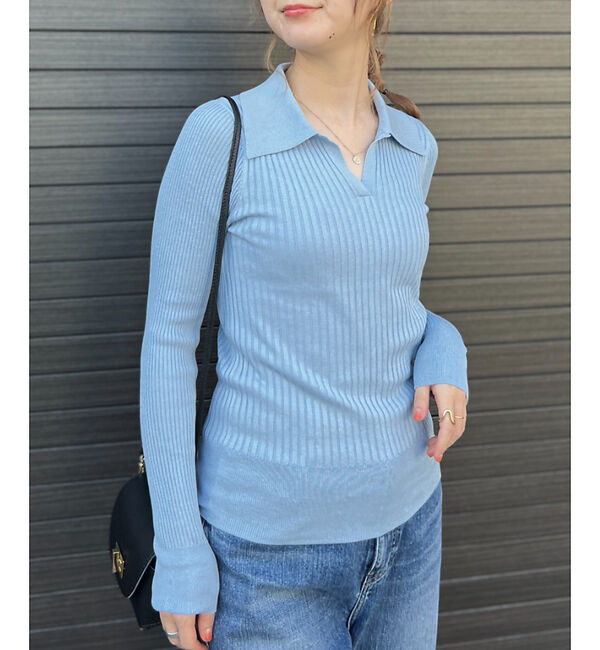 Rouge vif「シルク混ワイドリブポロニット」|ニット・セーター|サックスブルー