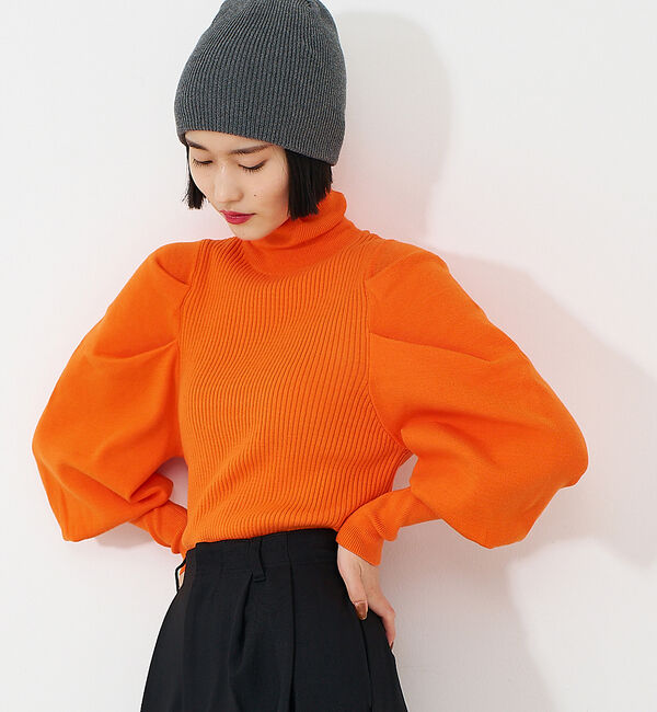 NOMINE「ボリュームスリーブタートルニット」|ニット・セーター|オレンジ