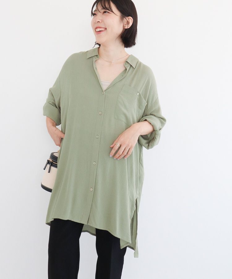 Green Parks「ターンバック長袖レーヨンチュニック」|チュニック|Khaki