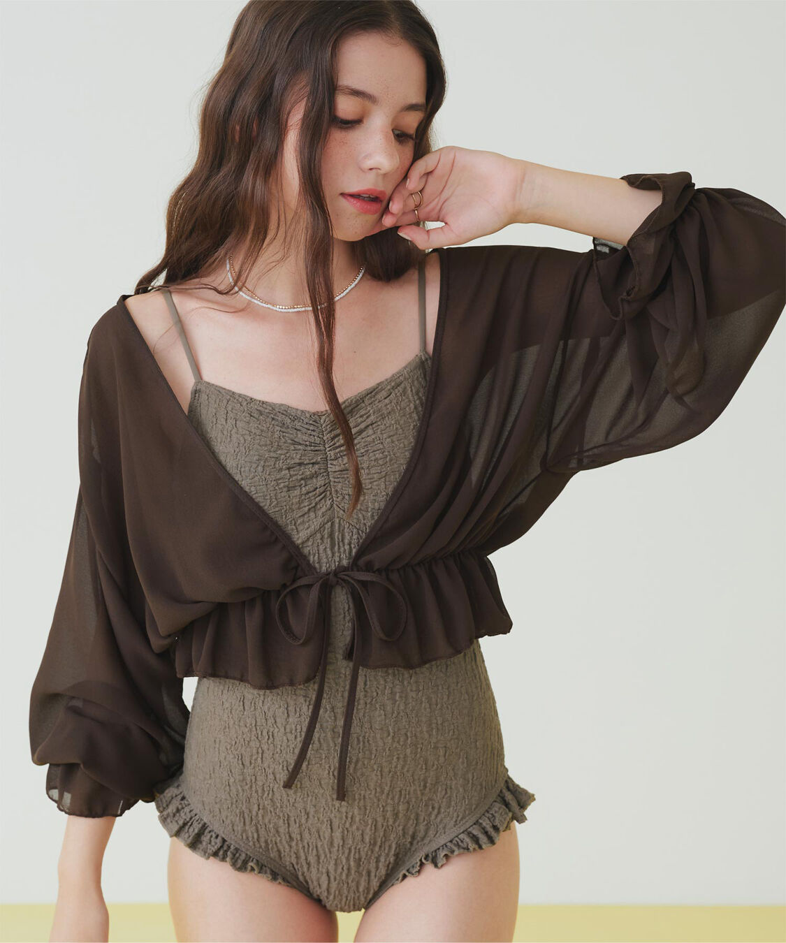 SEA DRESS「ボレロ付フリルデザインワンピース/セット水着」|ビキニ|モカ/Dブラウン