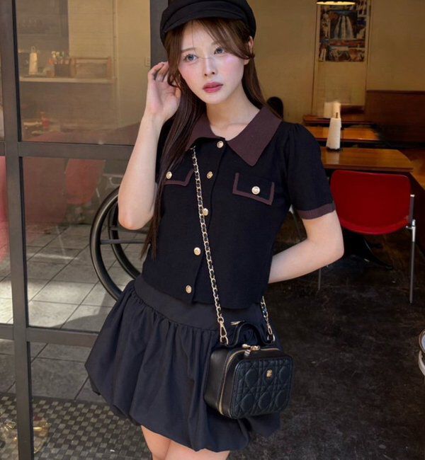  「金ボタン配色衿ニットトップス」|ニット・セーター|