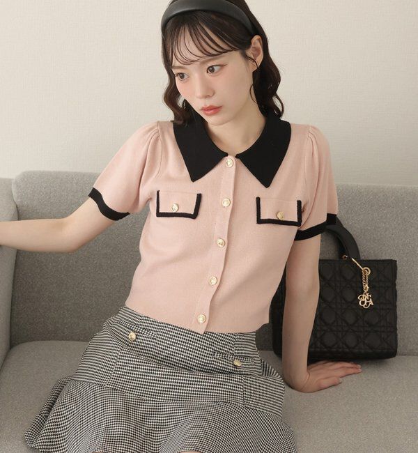  「金ボタン配色衿ニットトップス」|ニット・セーター|ピンク