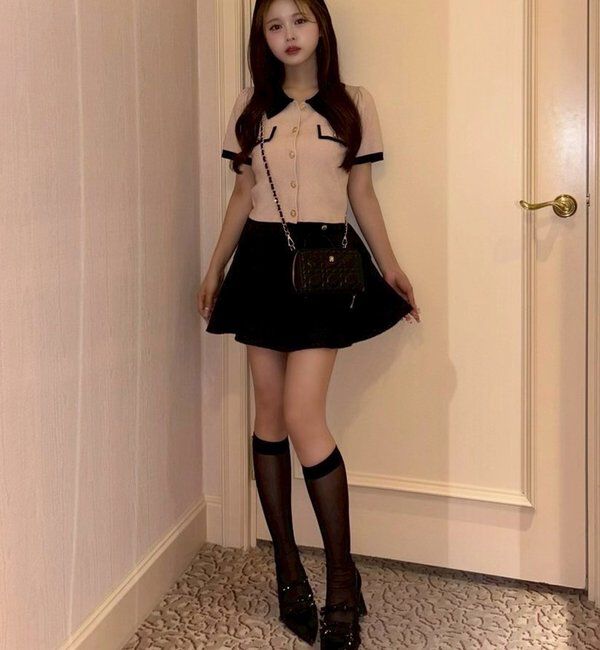  「金ボタン配色衿ニットトップス」|ニット・セーター|