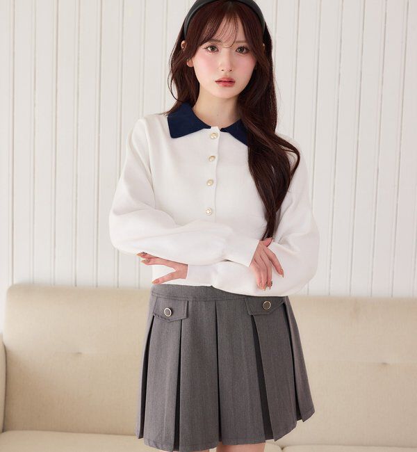  「金ボタンボックスプリーツミニスカート」|スカート|