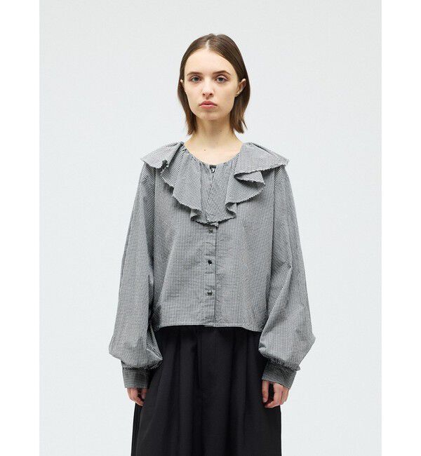 mizuiro ind「mizuiro ind チェックフリルギャザーカラーシャツ」|シャツ・ブラウス|ブラック