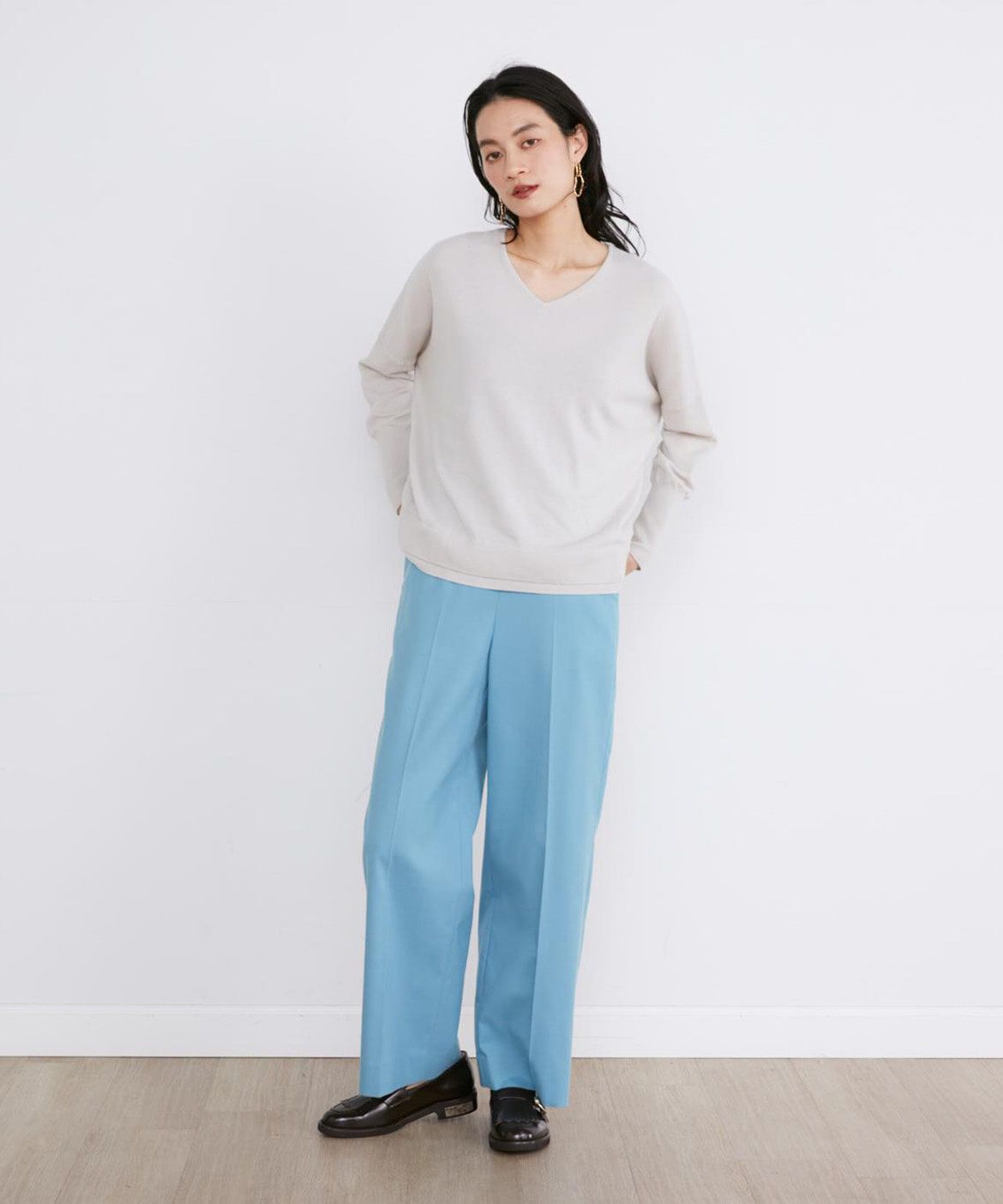 INED「《大きいサイズ》Aimeeウール混美脚ワイドパンツ」|スラックス|