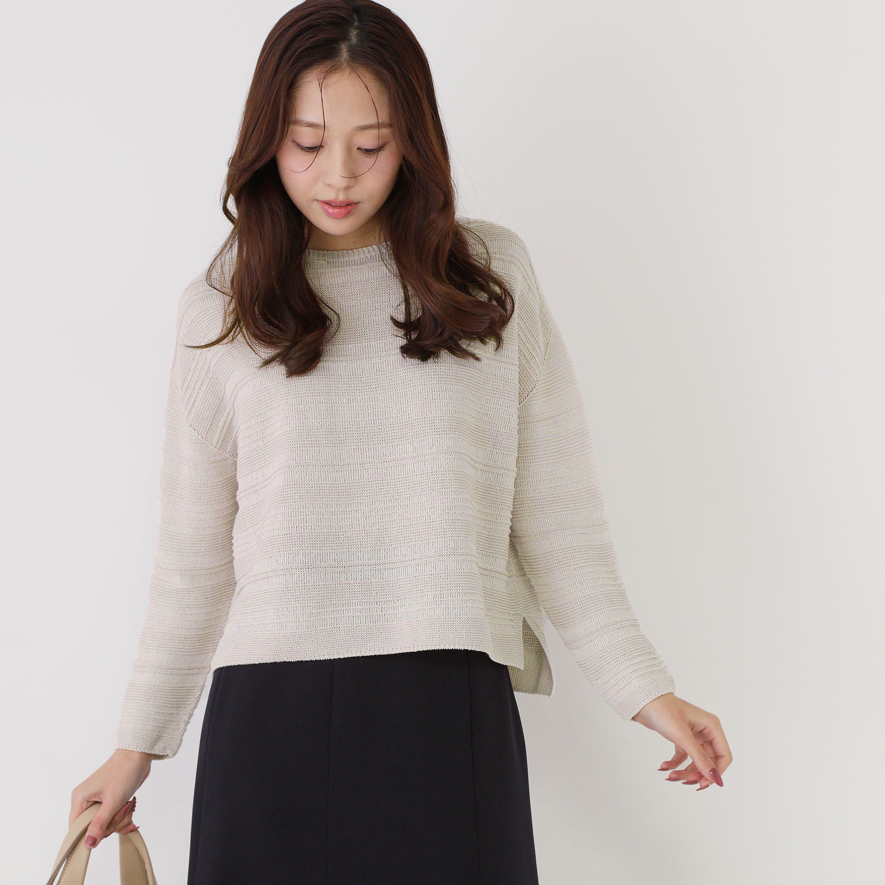 COUP DE CHANCE「【手洗い可／日本製／無縫製／和紙使用】地柄ボーダーのニットトップス」|ニット・セーター|ライトグレー(011