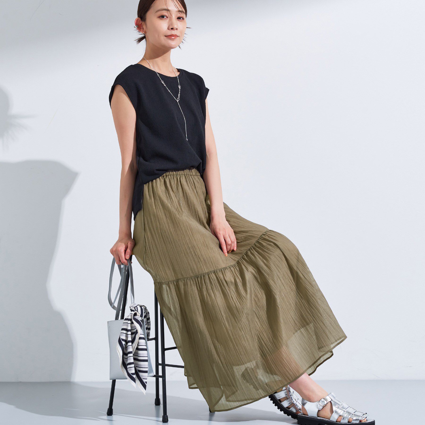 INDIVI「【2点セット／着回し◎】ノースリーブ＆ティアードスカート カセット服」|ワンピース|オリーブグリーン(5