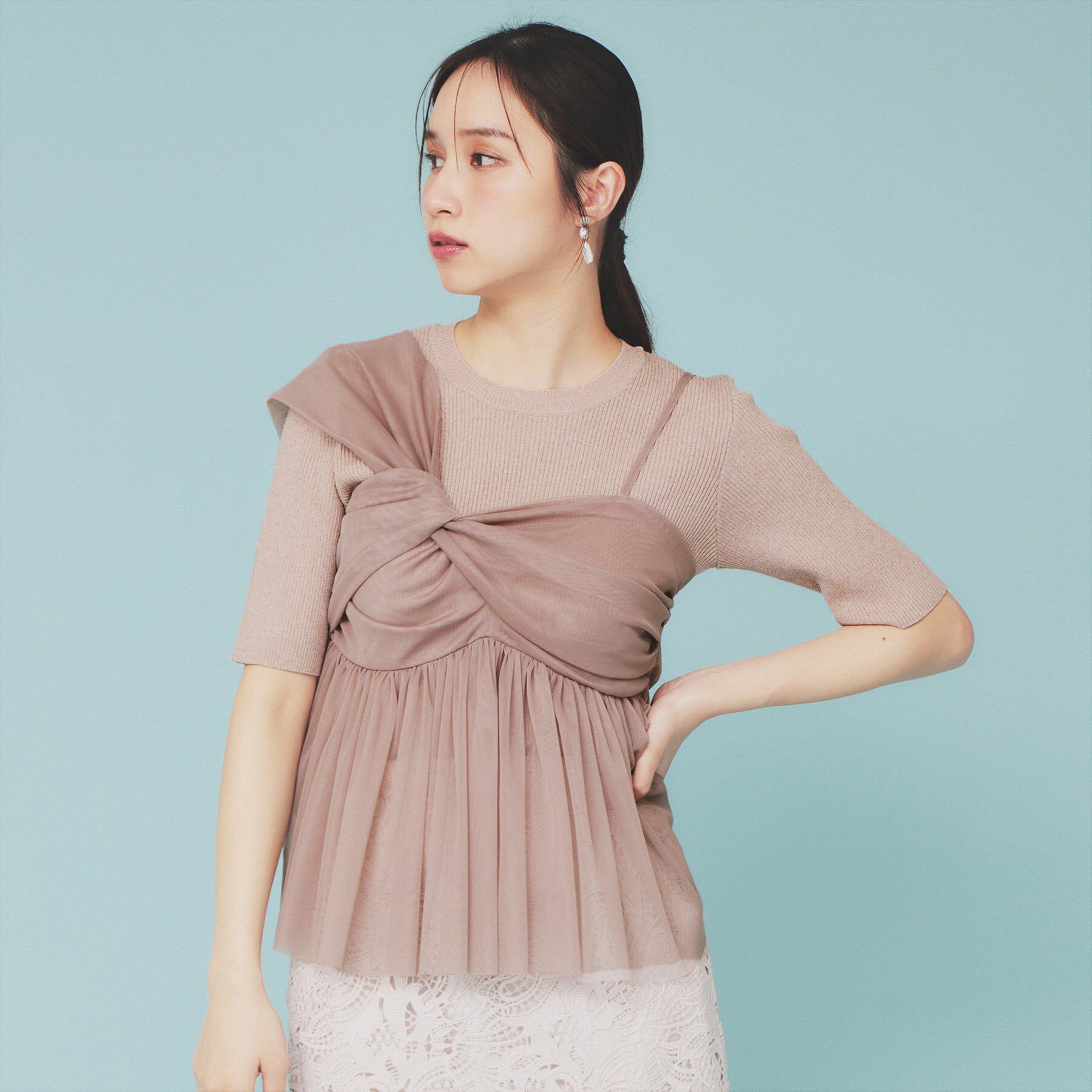 index「《ツインセット》アシメチュールキャミ&times;ラメリブニット【洗濯機洗い可】」|ニット・セーター|ピンクベージュ(05