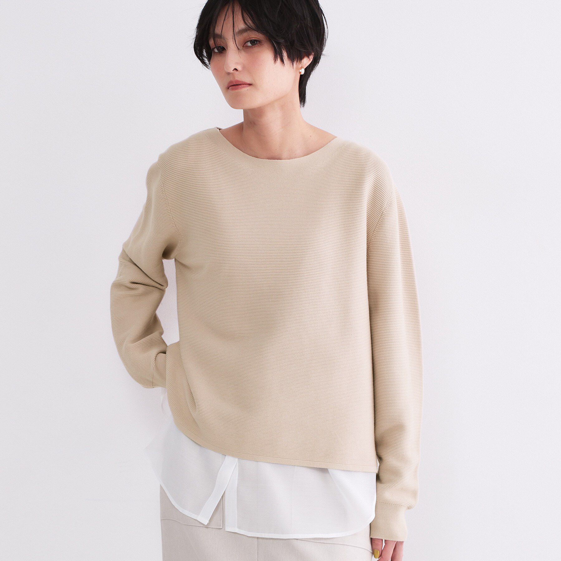 OPAQUE.CLIP「ボートネックガーターニット/オーガニックコットン混【洗濯機OK/UVケア】《6col》」|ニット・セーター|ベージュ(052)