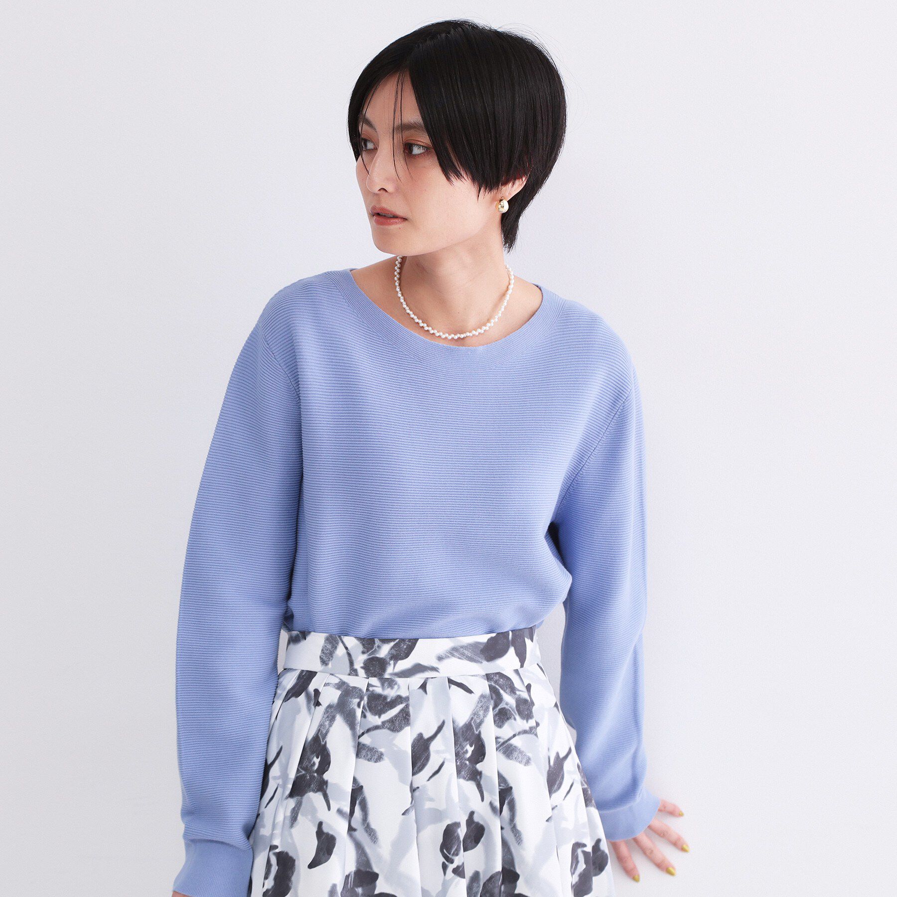 OPAQUE.CLIP「ボートネックガーターニット/オーガニックコットン混【洗濯機OK/UVケア】《6col》」|ニット・セーター|ブルー(091)