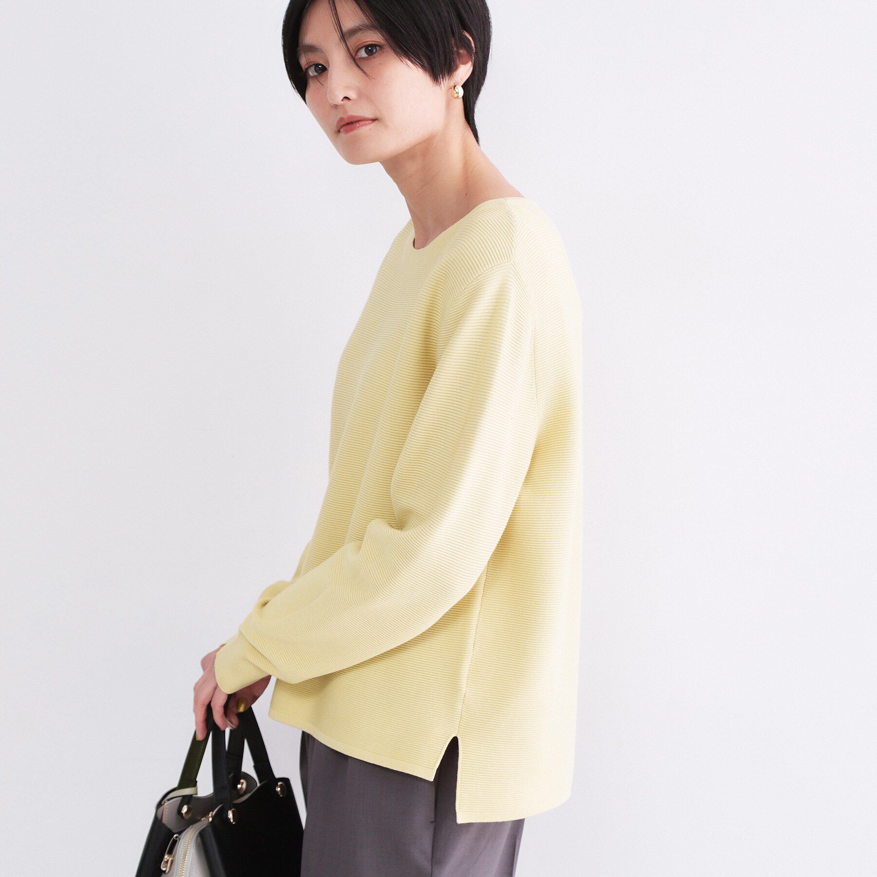 OPAQUE.CLIP「ボートネックガーターニット/オーガニックコットン混【洗濯機OK/UVケア】《6col》」|ニット・セーター|ライトイエロー(83