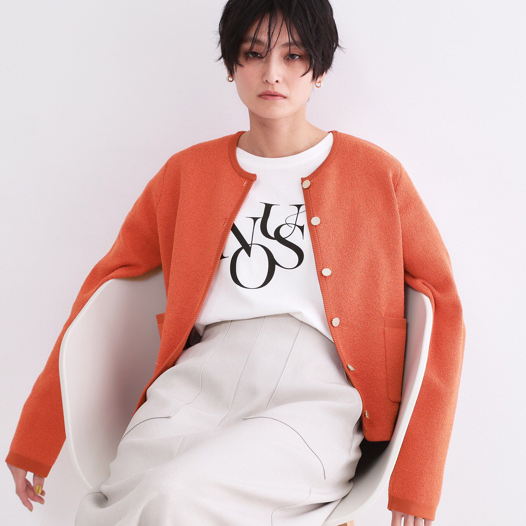 OPAQUE.CLIP「ブークレ金ボタンニットカーディガン【洗濯機OK】」|カーディガン|オレンジ(067)
