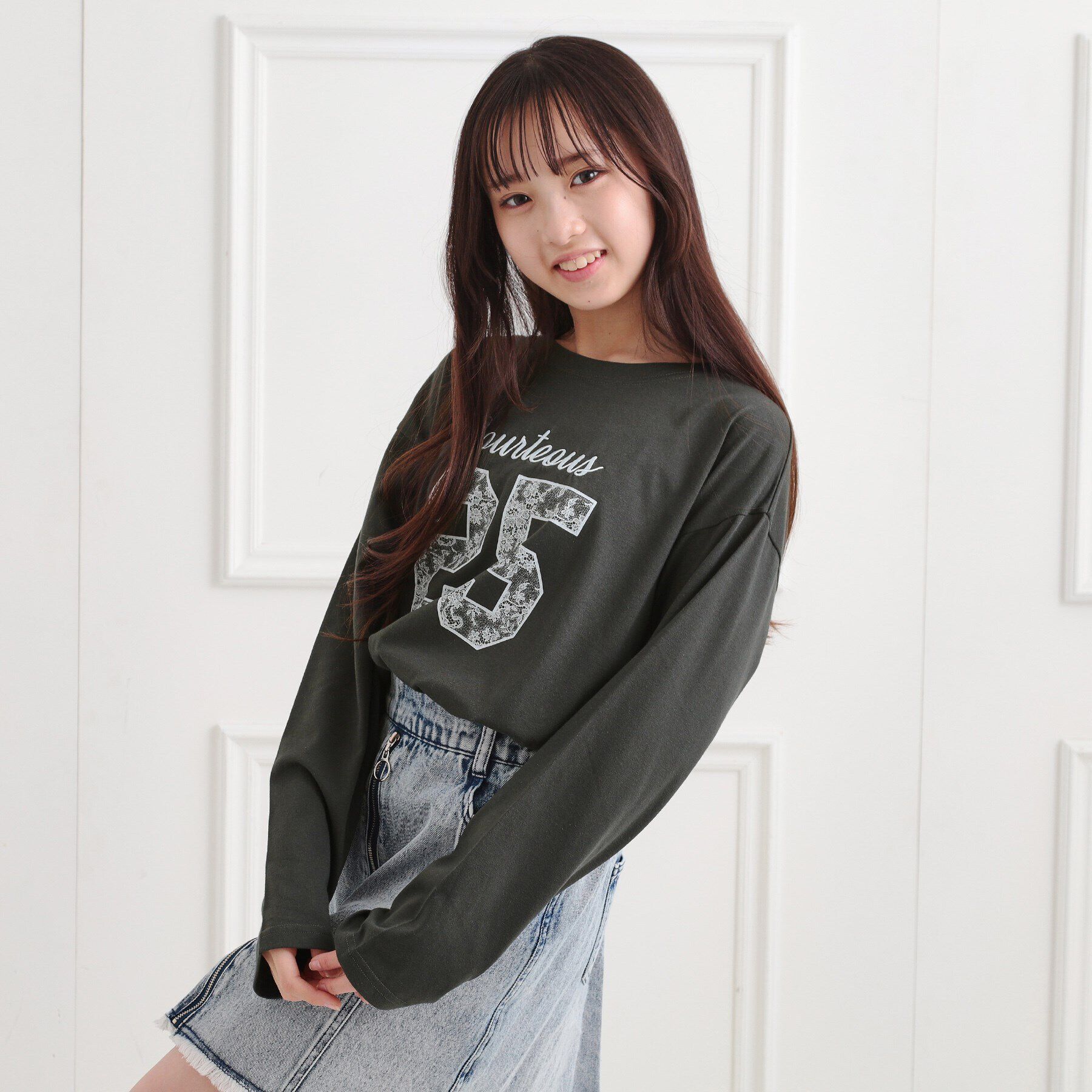 PINK-latte「レースプリントナンバリングロンT」|Tシャツ・カットソー|