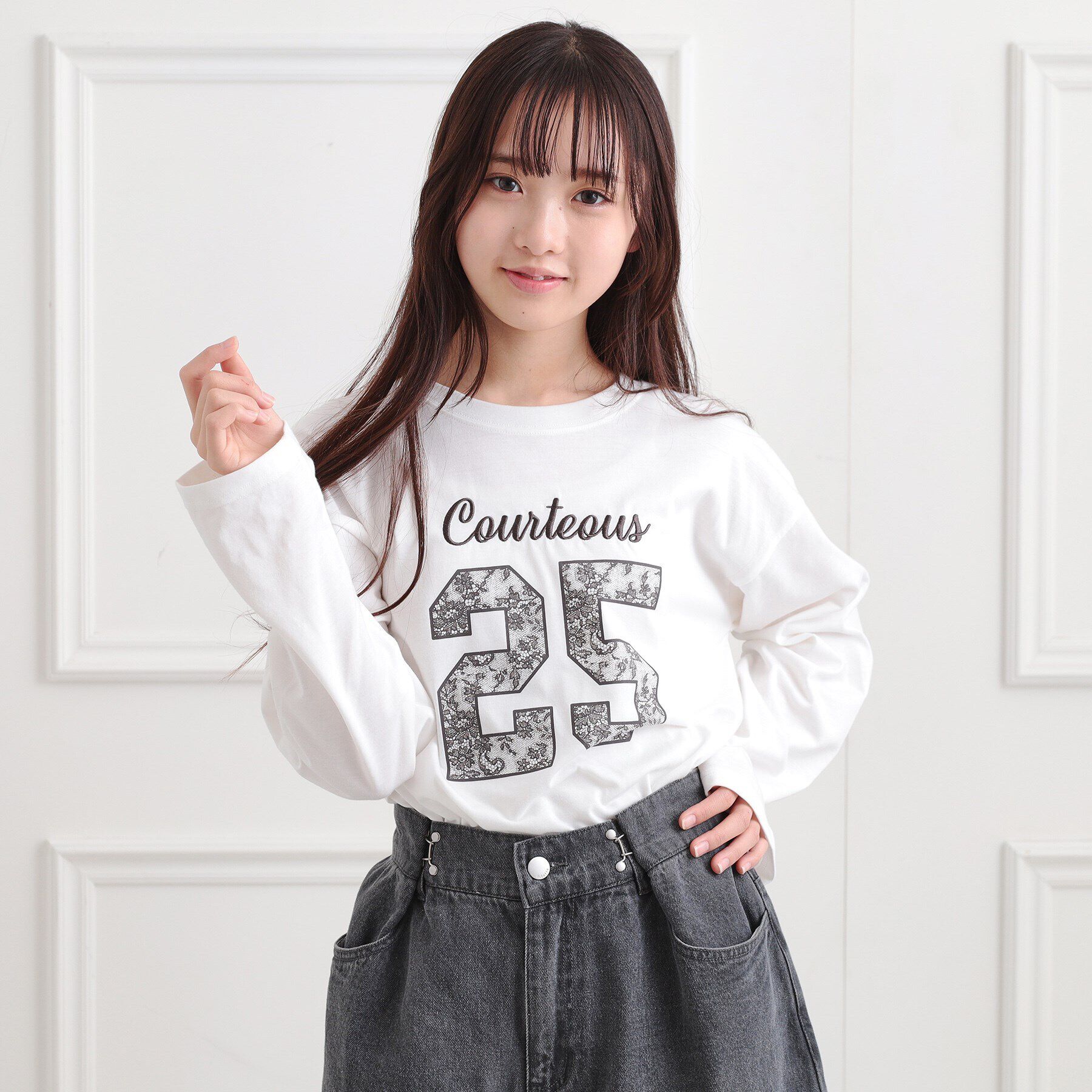 PINK-latte「レースプリントナンバリングロンT」|Tシャツ・カットソー|