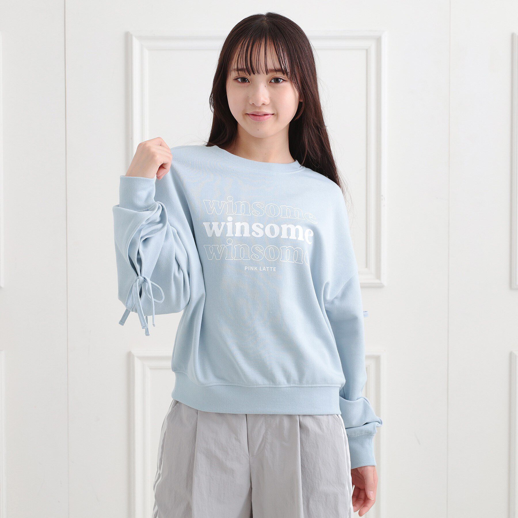 PINK-latte「ミニ裏毛リボンプルオーバー」|Tシャツ・カットソー|ブルー(091)