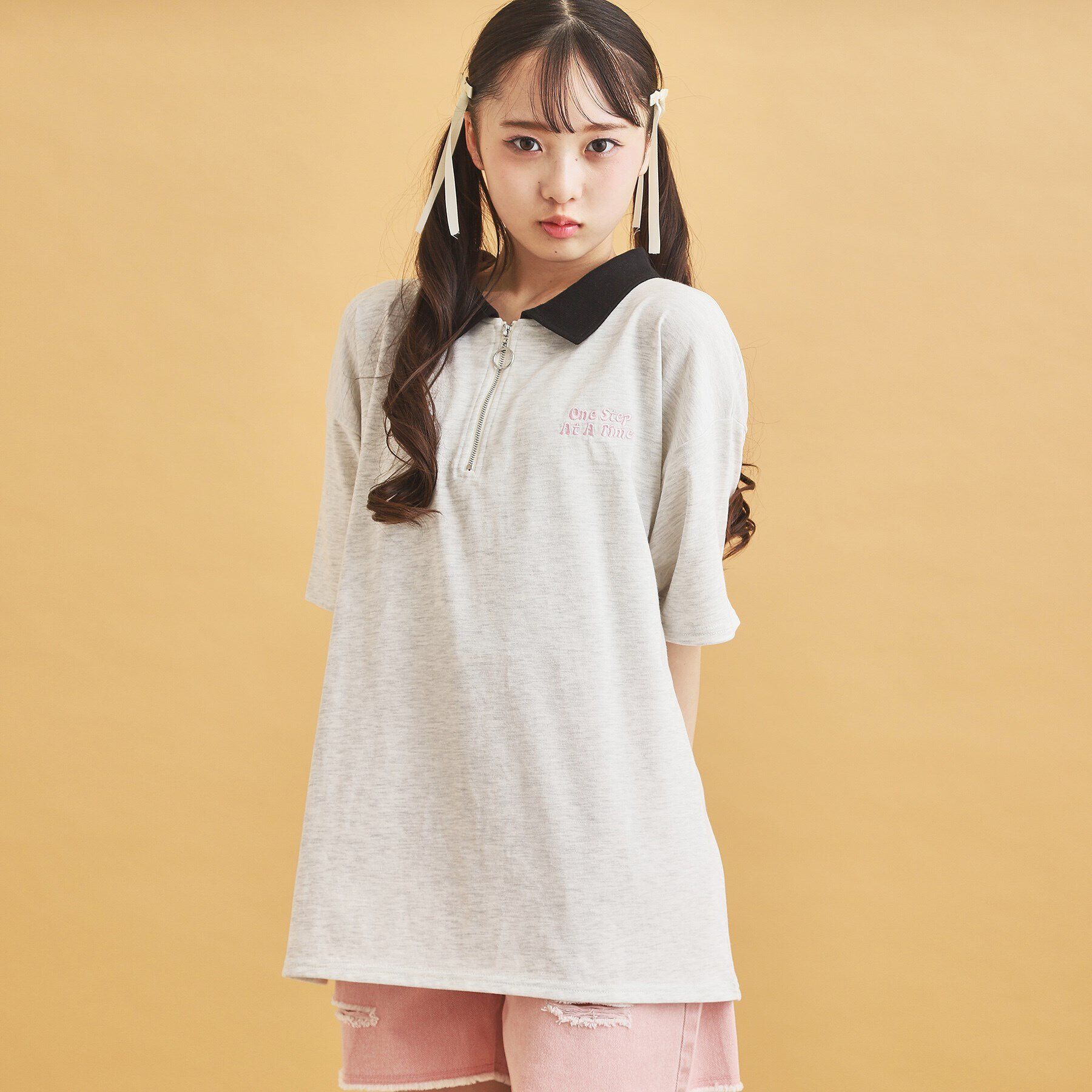 PINK-latte「◆ハーフジップ衿付きTシャツ」|Tシャツ・カットソー|ライトグレー(011