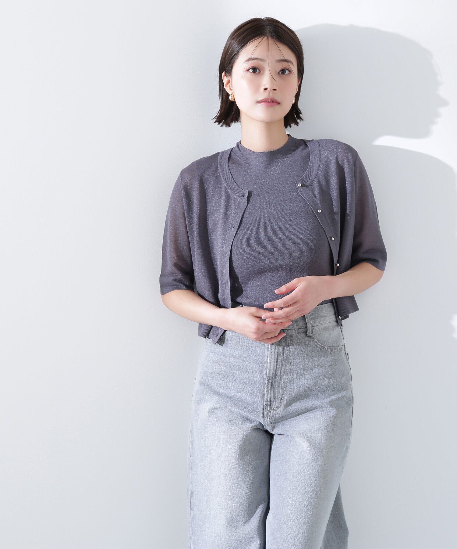  「シアーショートカーデアンサンブル」|ニット・セーター|チャコール1