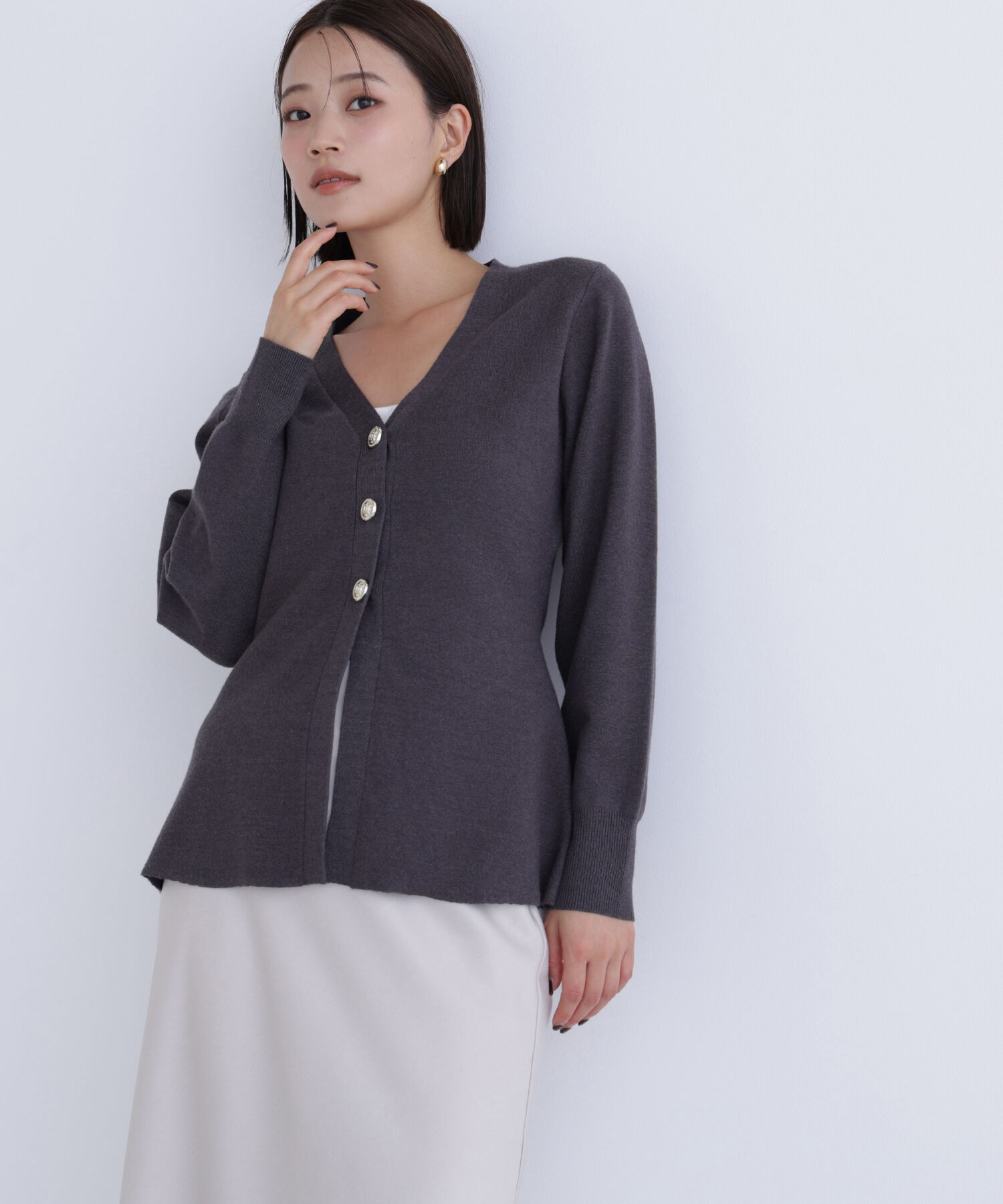  「ウエストシェイプスリットカーディガン」|ニット・セーター|チャコール1