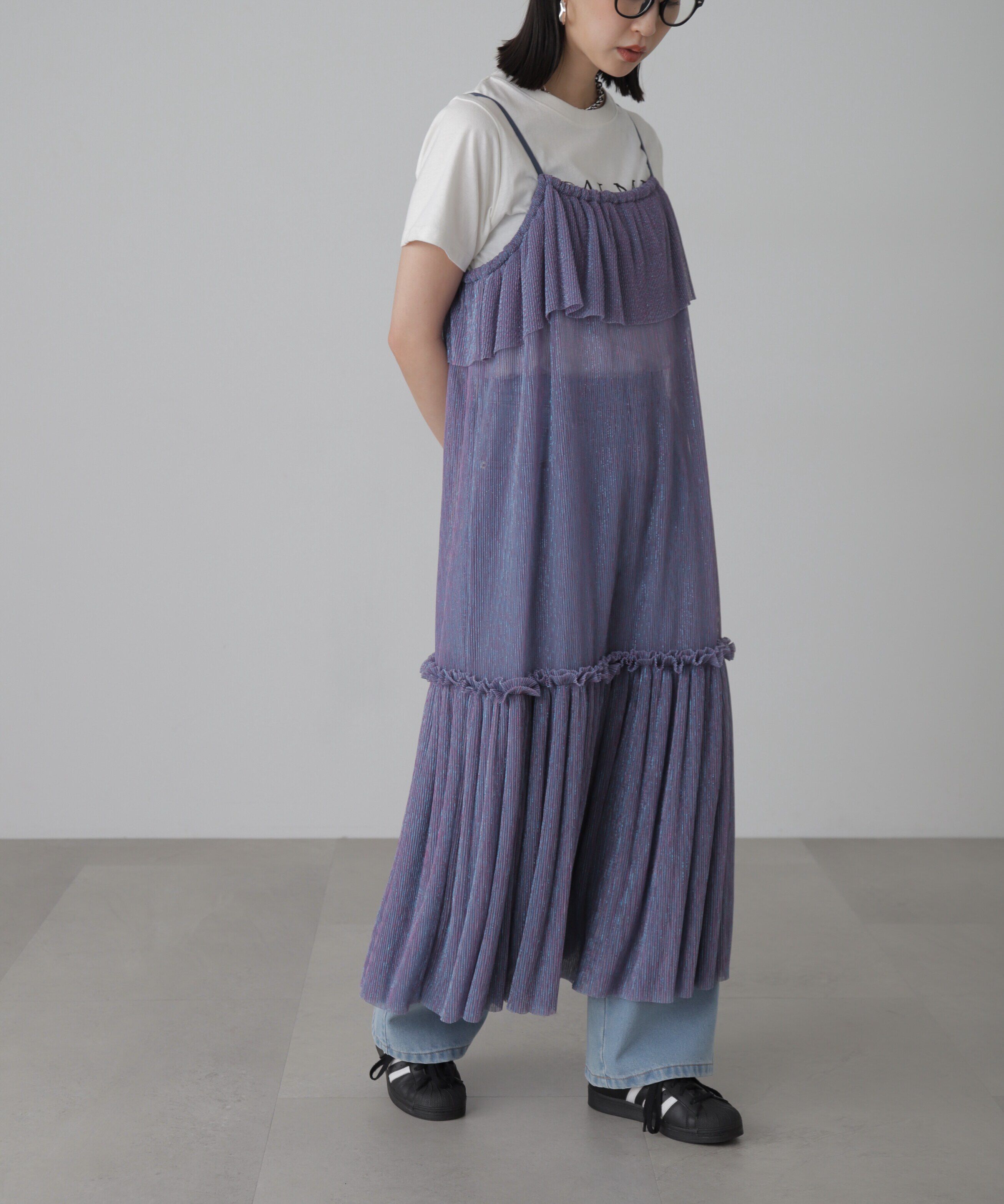  「［ブルーカラーWEB限定］ラメプリーツシアーキャミソールワンピース」|ワンピース|