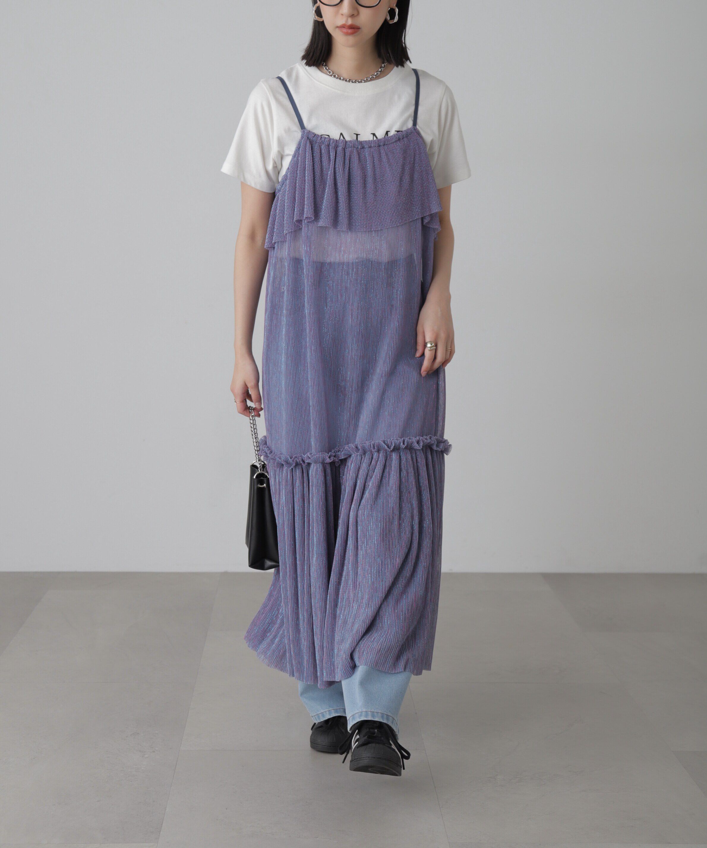  「［ブルーカラーWEB限定］ラメプリーツシアーキャミソールワンピース」|ワンピース|