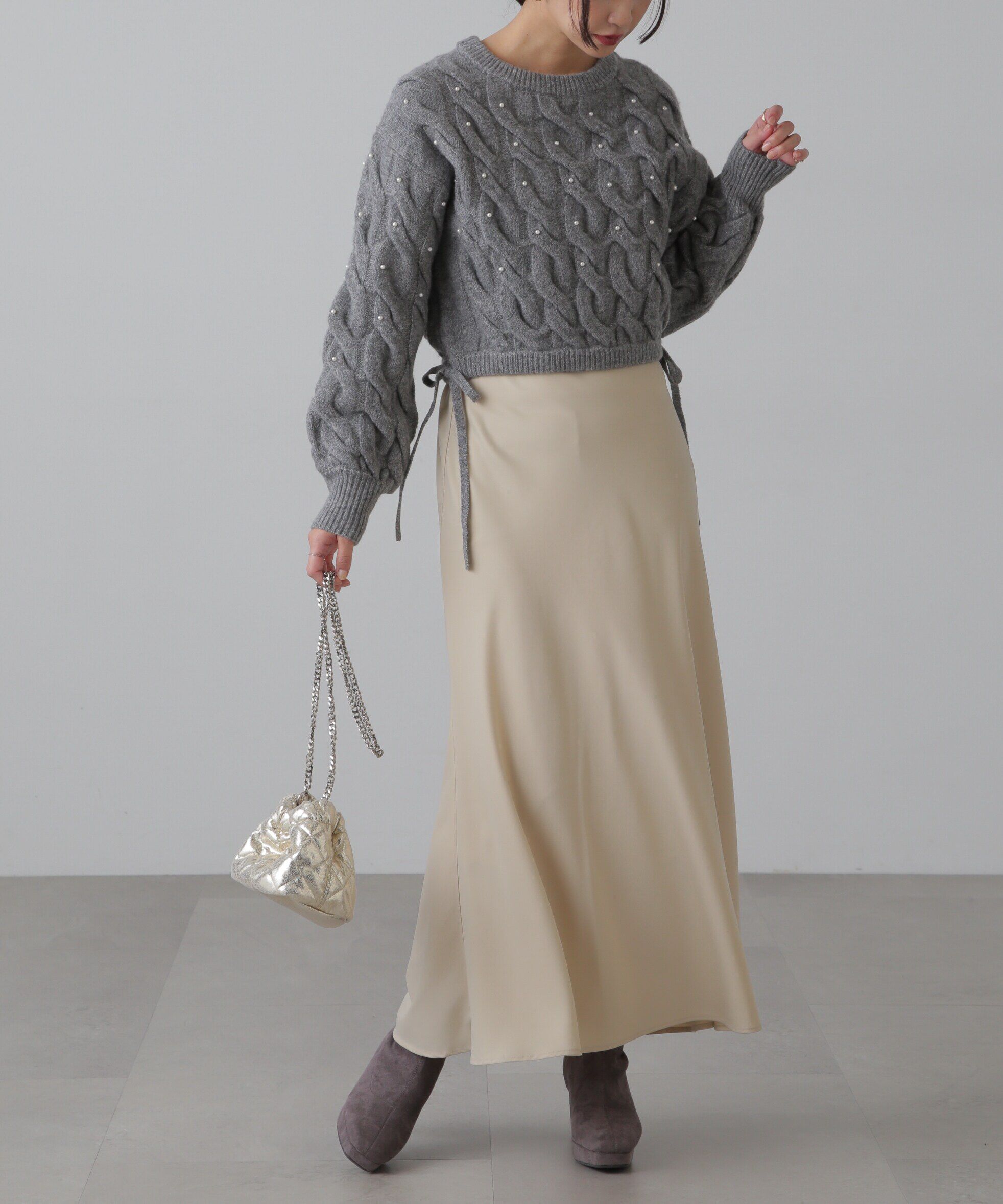  「ウエストゴムパールミックスケーブルドロストニット」|ニット・セーター|